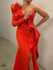 Women's Dresses One Shoulder Ruffled Irregular Slit Dress
