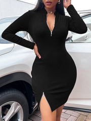 Women's Dresses Zip V-Neck Slit Long Sleeve Dress