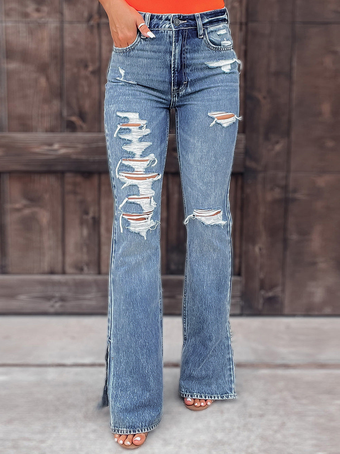 Women's Jeans Washed Shredded Micro-Flare Slit Jeans