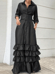 Women's Dresses Lapel Belt Long Sleeve Ruffle Dress