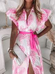 Women's Dresses Lapel Belt Button Ruffle Sleeve Print Dress