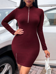Women's Dresses Zip V-Neck Slit Long Sleeve Dress
