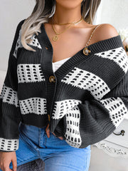 Women's Cardigans Contrast Button Balloon Sleeve Sweater Cardigan