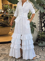 Women's Dresses Lapel Belt Long Sleeve Ruffle Dress