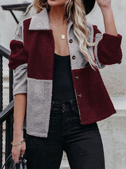 Women's Jackets Lapel Contrast Panel Long Sleeve Woolen Jacket