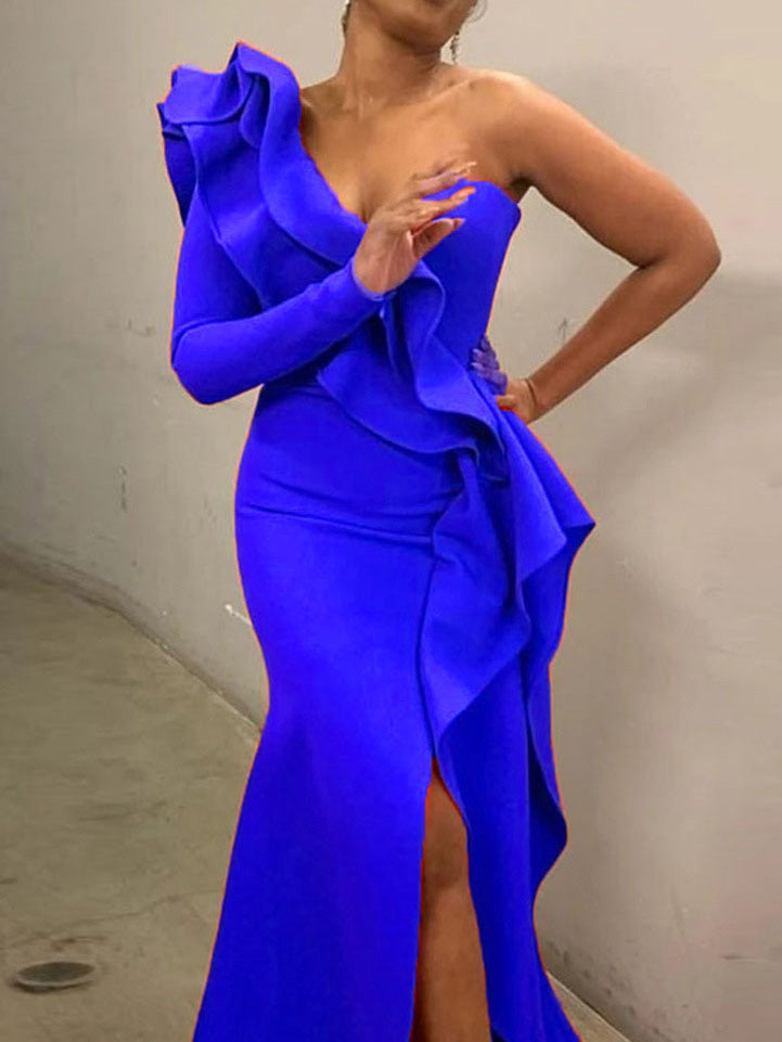 Women's Dresses One Shoulder Ruffled Irregular Slit Dress