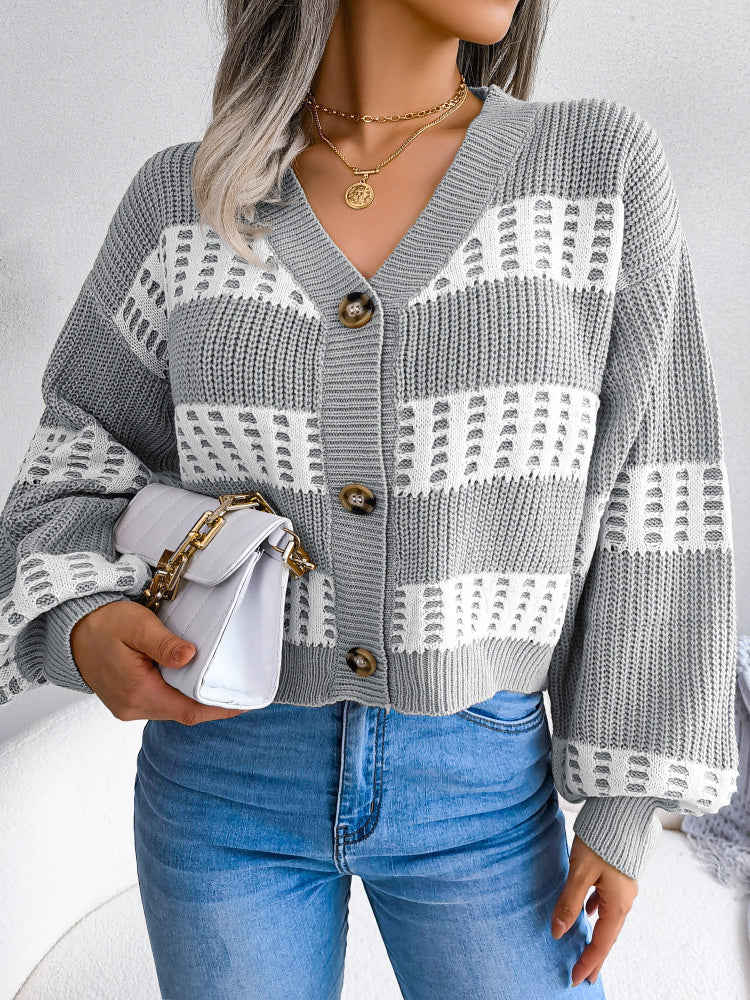 Women's Cardigans Contrast Button Balloon Sleeve Sweater Cardigan