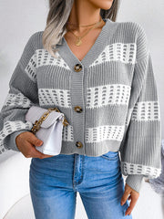Women's Cardigans Contrast Button Balloon Sleeve Sweater Cardigan