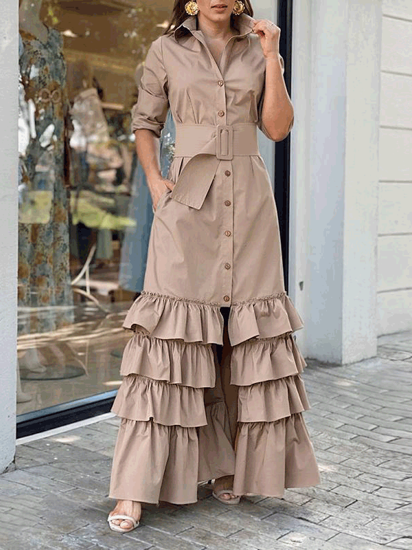 Women's Dresses Lapel Belt Long Sleeve Ruffle Dress