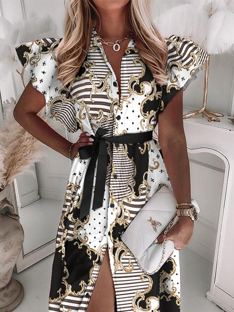 Women's Dresses Lapel Belt Button Ruffle Sleeve Print Dress