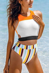 Stripe Patchwork High Neck Bikini Set