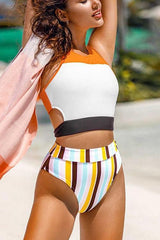 Stripe Patchwork High Neck Bikini Set