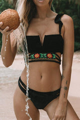 Embroidery Ruffles Hollow Bikini Set