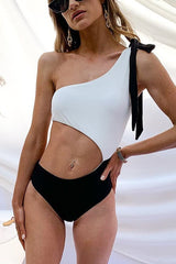 Tie Color Block One Shoulder Swimwear