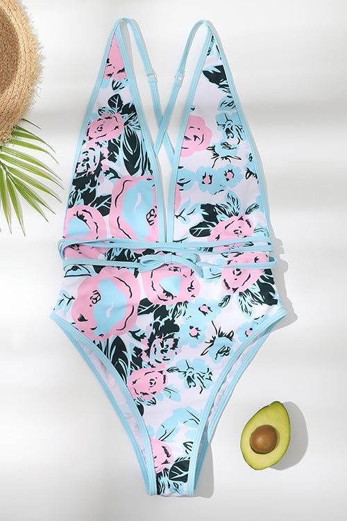 Floral Halter Neck Backless One Piece Swimwear