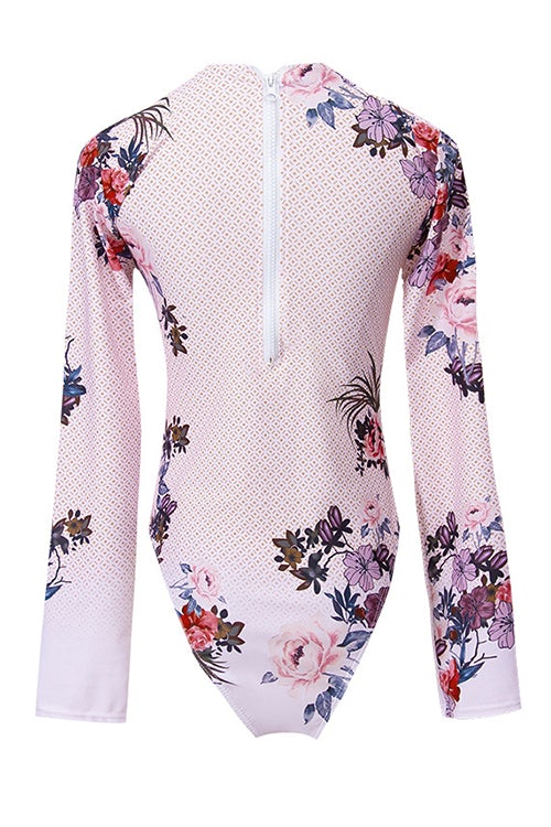 Floral Zipper Long Sleeve One Piece Swimwear