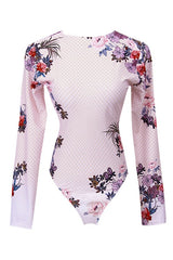 Floral Zipper Long Sleeve One Piece Swimwear