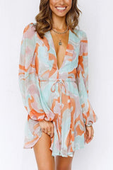Swirl Print Long Sleeve V Neck Mini Dress