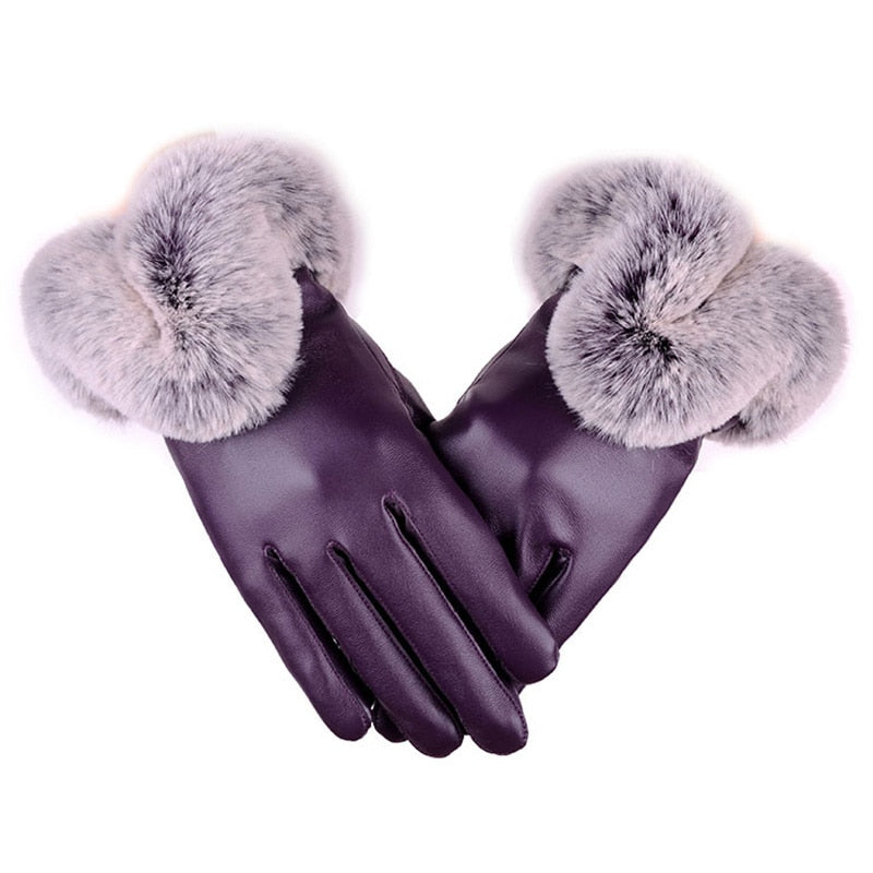 Female Faux Rabbit PU Leather Mittens Warm Gloves