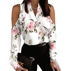 Elegant Hollow Out Long Sleeve Printed V Neck Shirt Top
