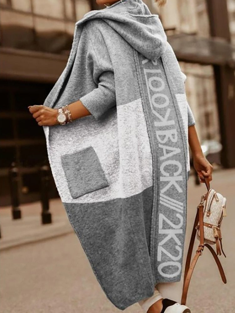 Casual Loose Leopard Hooded Knitted Cardigan Sweater