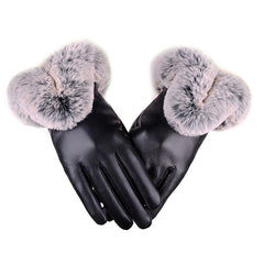 Female Faux Rabbit PU Leather Mittens Warm Gloves