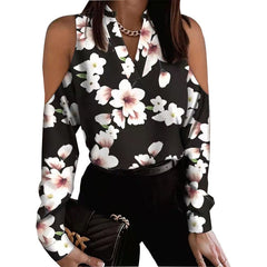 Elegant Hollow Out Long Sleeve Printed V Neck Shirt Top