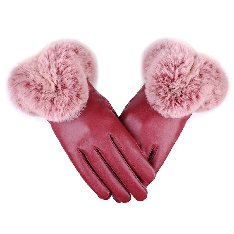 Female Faux Rabbit PU Leather Mittens Warm Gloves