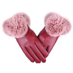 Female Faux Rabbit PU Leather Mittens Warm Gloves