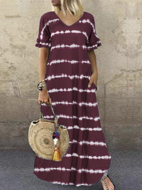Striped V Neck Short Sleeves Maxi Dress