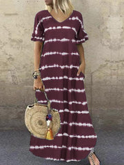 Striped V Neck Short Sleeves Maxi Dress