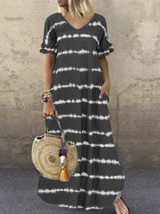 Striped V Neck Short Sleeves Maxi Dress
