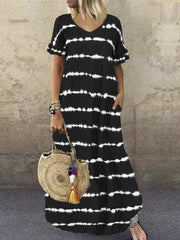 Striped V Neck Short Sleeves Maxi Dress