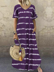 Striped V Neck Short Sleeves Maxi Dress