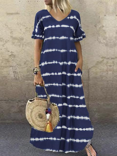 Striped V Neck Short Sleeves Maxi Dress