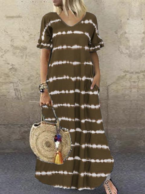 Striped V Neck Short Sleeves Maxi Dress