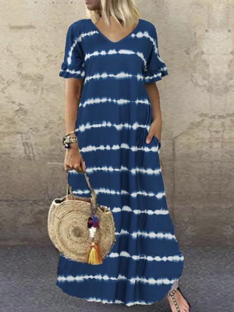 Striped V Neck Short Sleeves Maxi Dress