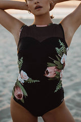 Floral Mesh Backless One Piece Swimwear