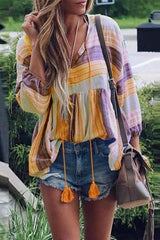 Color Block Tassels Stripe Loose Blouse