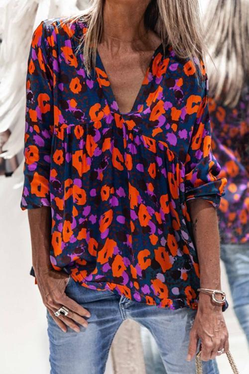 Floral Print V Neck Long Sleeve T Shirt