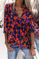 Floral Print V Neck Long Sleeve T Shirt