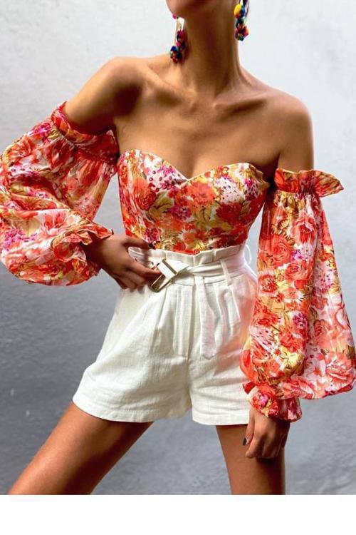 Floral Puff Sleeve Off Shoulder Blouse