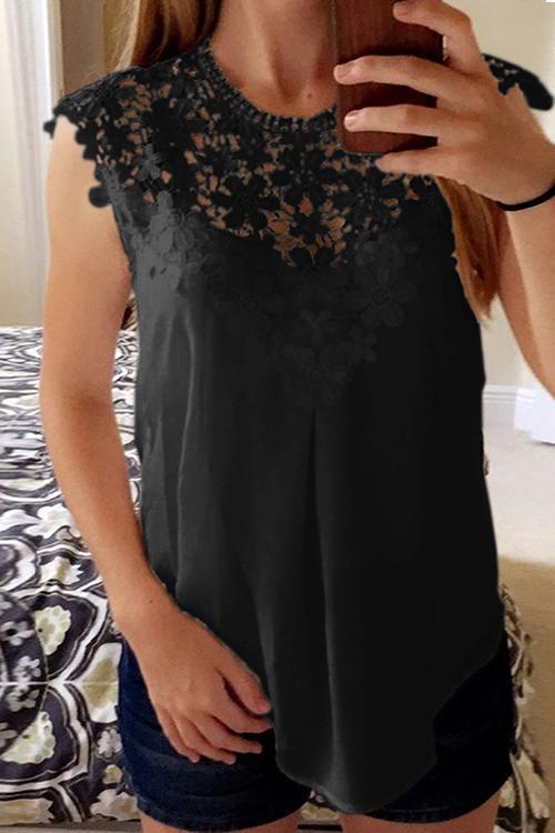Crochet Lace Neck Sleeveless T Shirt
