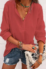 Solid V Neck Long Sleeve Blouse