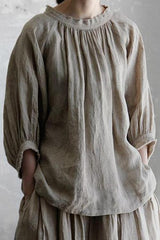 Linen O Neck Puff Sleeve Blouse