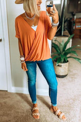 Solid V Neck Short Sleeve Blouse