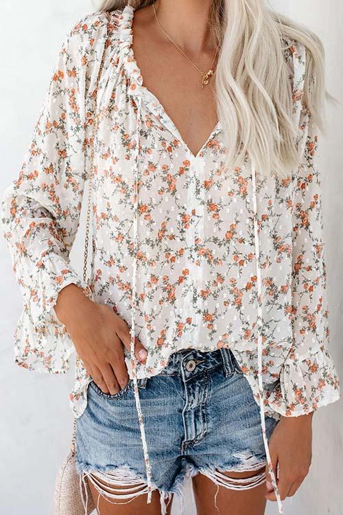Floral Print Flares Sleeve Blouse