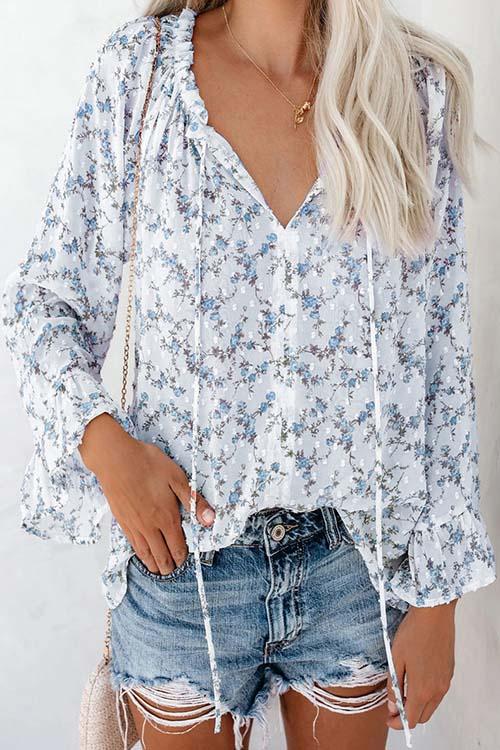 Floral Print Flares Sleeve Blouse