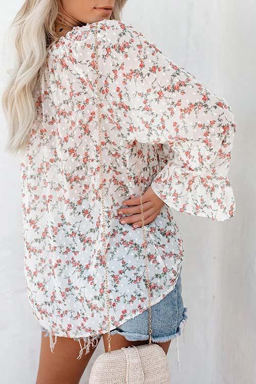 Floral Print Flares Sleeve Blouse