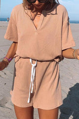 Solid V Neck Loose T Shirt Short Set